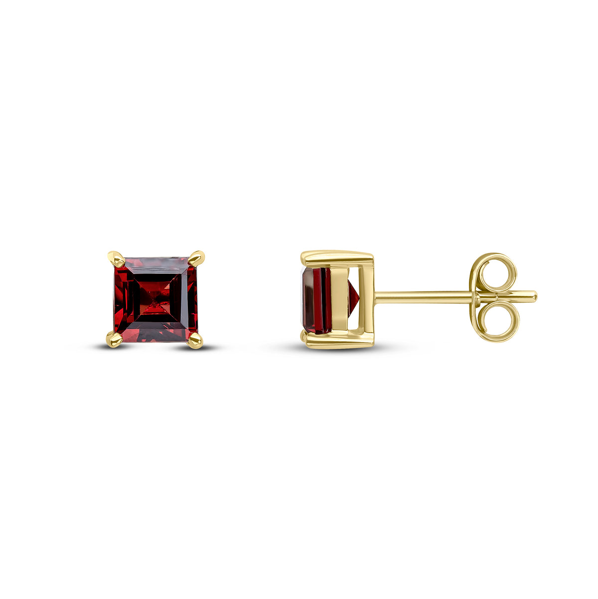 9CT YG 5MM SQUARE GARNET CLAW SET EARRINGS