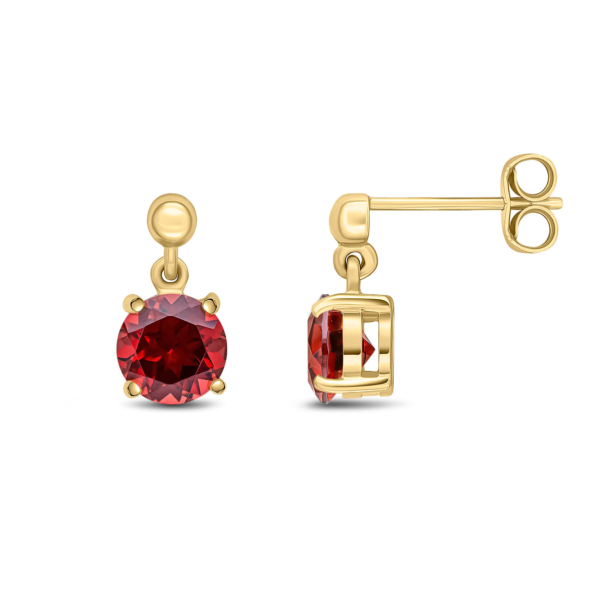 9CT YG 6MM ROUND GARNET CLAW SET DROP EARRINGS WITH BEAD TOP