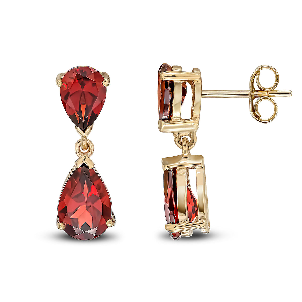 9CT YG PEARSHAPE GARNET 2ST CLAW SET DROP EARRINGS