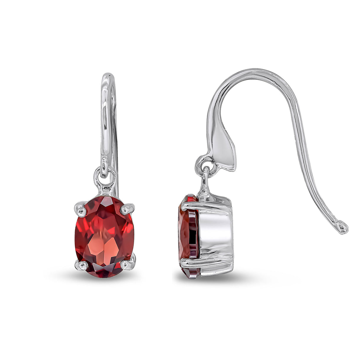 9CT WG 7X5 OVAL GARNET CLAW SET DROP EARRINGS WITH HOOK WIRE FITTING