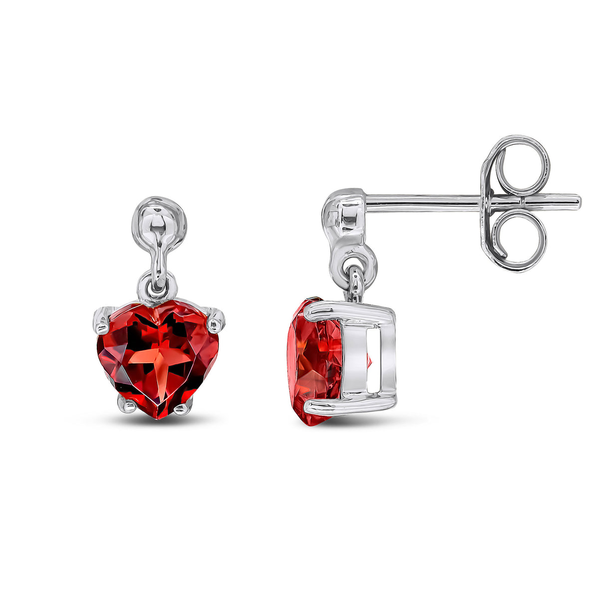 9CT WG 6MM HEART-SHAPE GARNET CLAW SET DROP EARRINGS WITH 3MM BEAD TOP