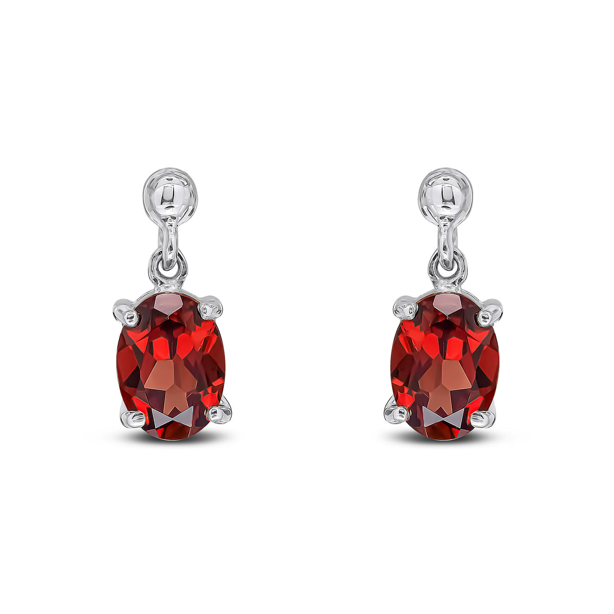 9CT WG OVAL 7X5MM GARNET CLAW DROP EARRINGS WITH BEAD TOP