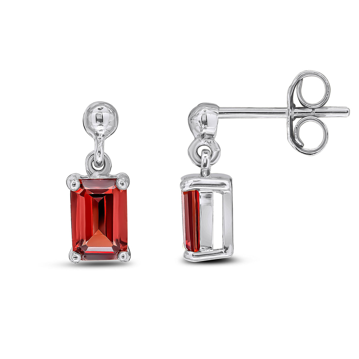 9CT WG 6X4 OCTAGON GARNET CLAW SET DROP EARRINGS WITH BEAD TOP