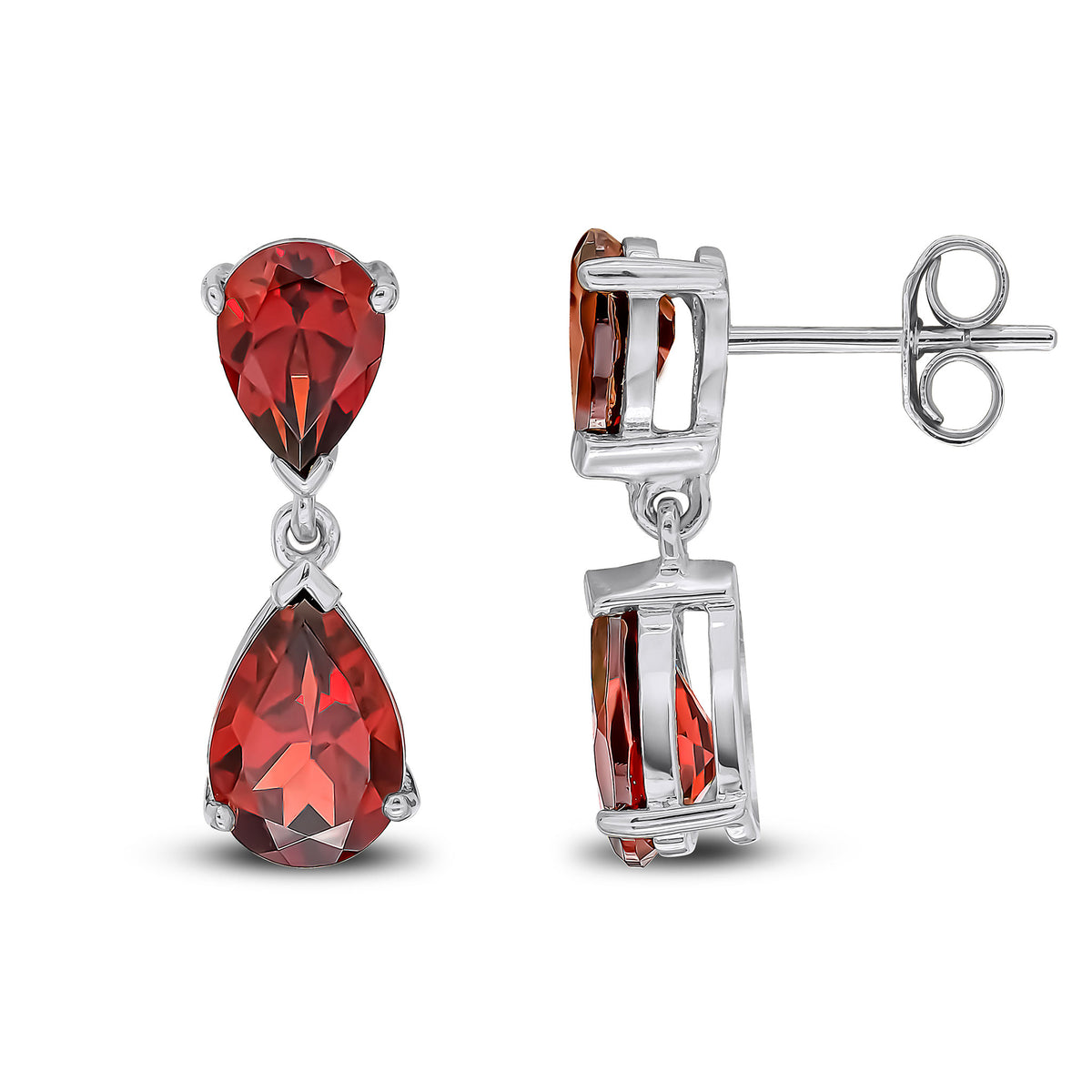9CT WG PEARSHAPE GARNET 2ST CLAW SET DROP EARRINGS