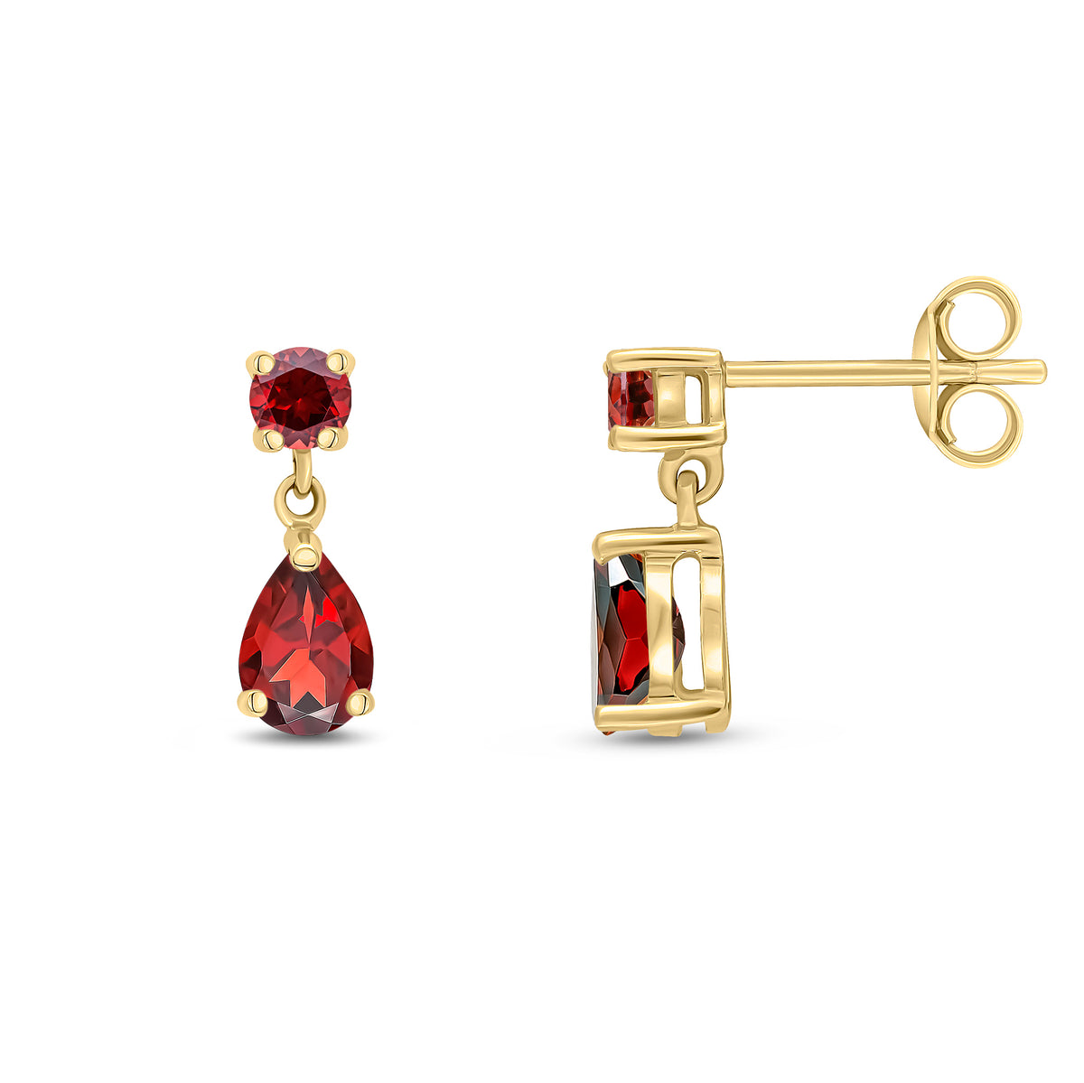 9CT YG ROUND AND PEARSHAPE GARNET 2ST CLAW SET DROP EARRINGS