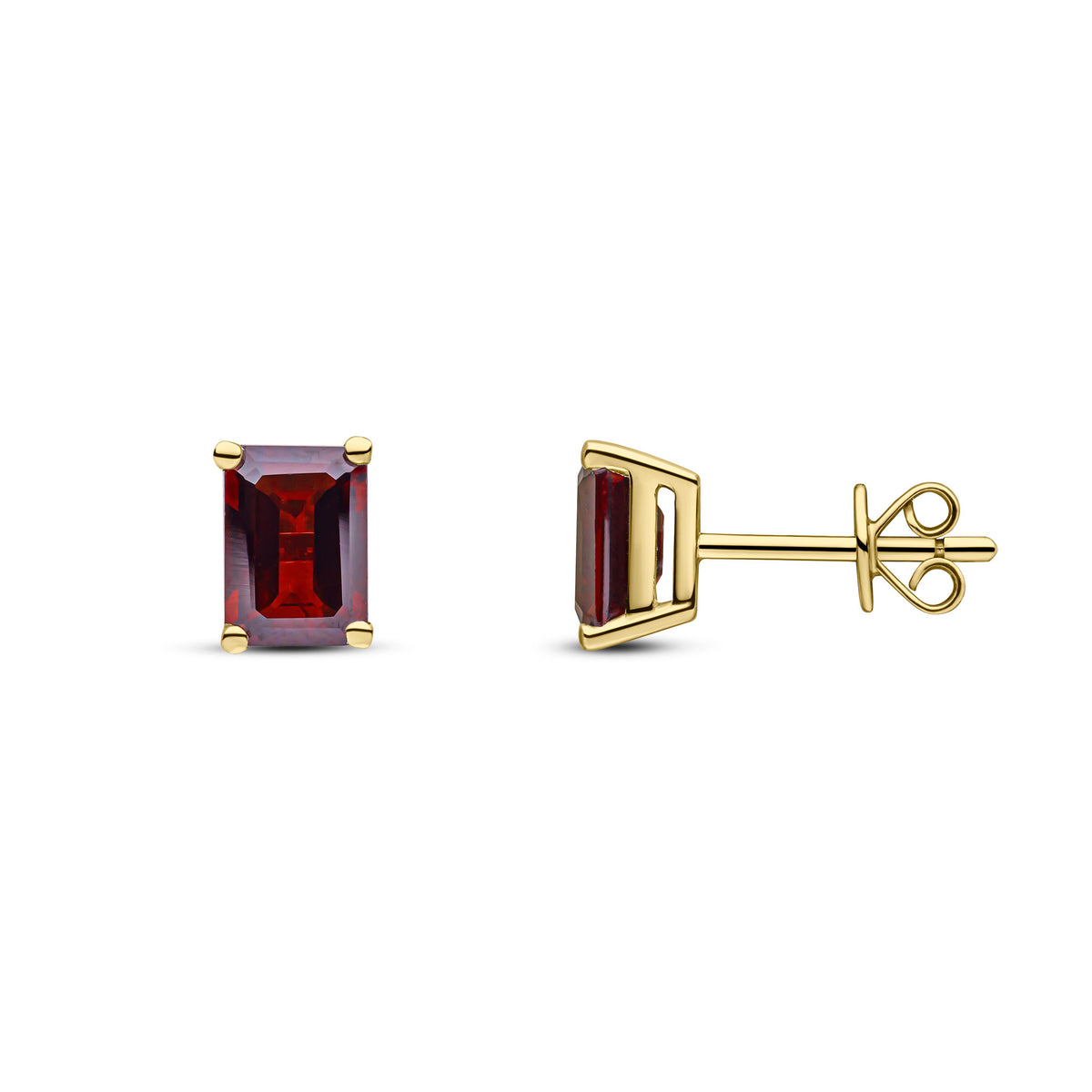 9CT YELLOW GOLD 7X5MM OCTAGON GARNET CLAW SET STUD EARRINGS