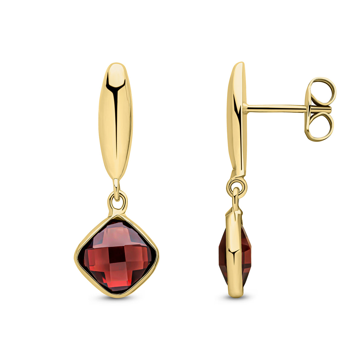 9CT YG CHECKERBOARD CUSHION GARNET AND POLISHED TORPEDO TOP DROP EARRINGS