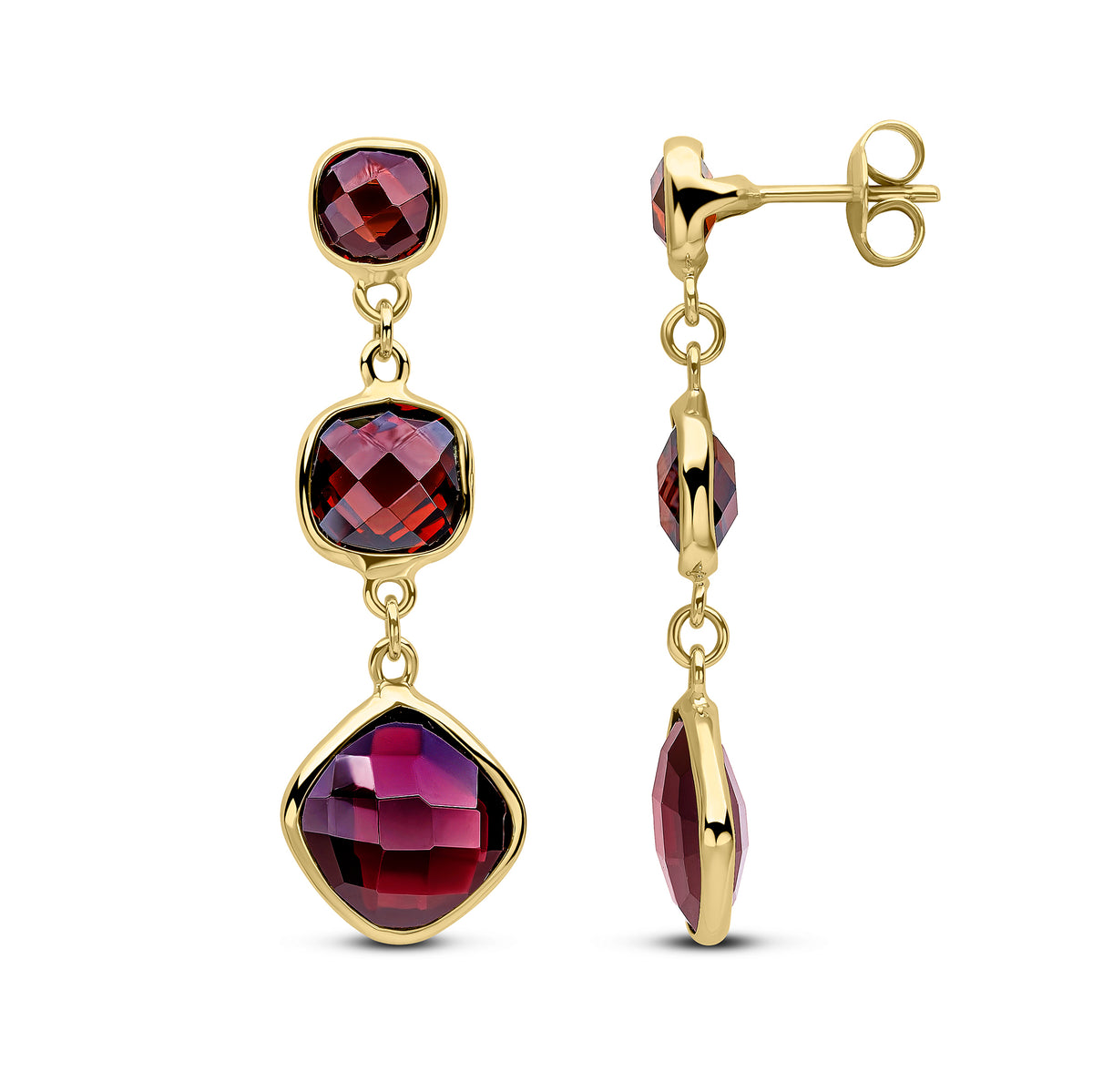9CT YG CHECKERBOARD CUSHION GARNET 3ST DROP EARRINGS