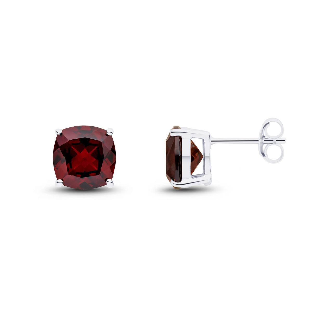9CT WG 8MM CUSHION GARNET CLAW SET EARRINGS