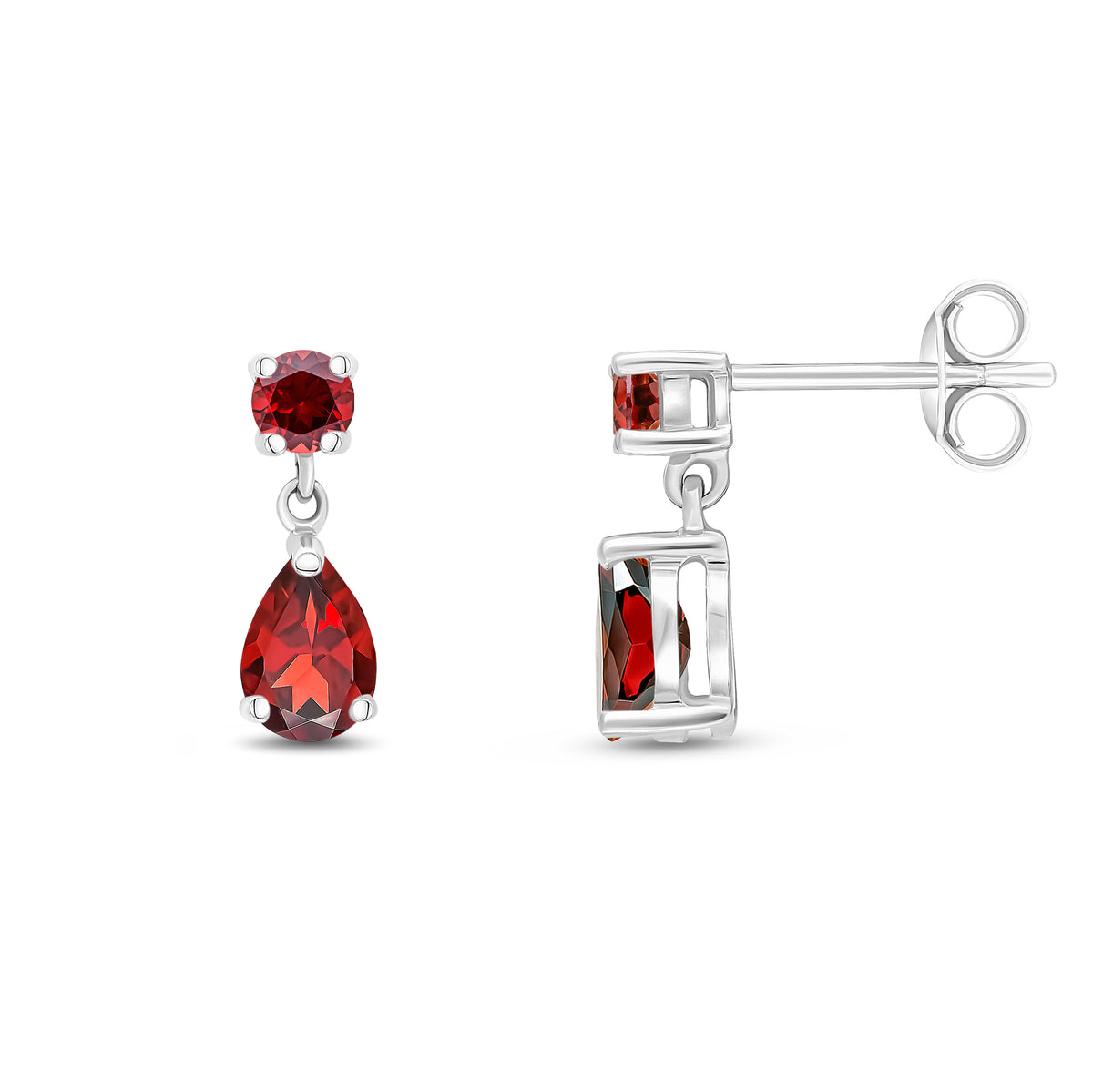 9CT WG ROUND AND PEARSHAPE GARNET 2ST CLAW SET DROP EARRINGS