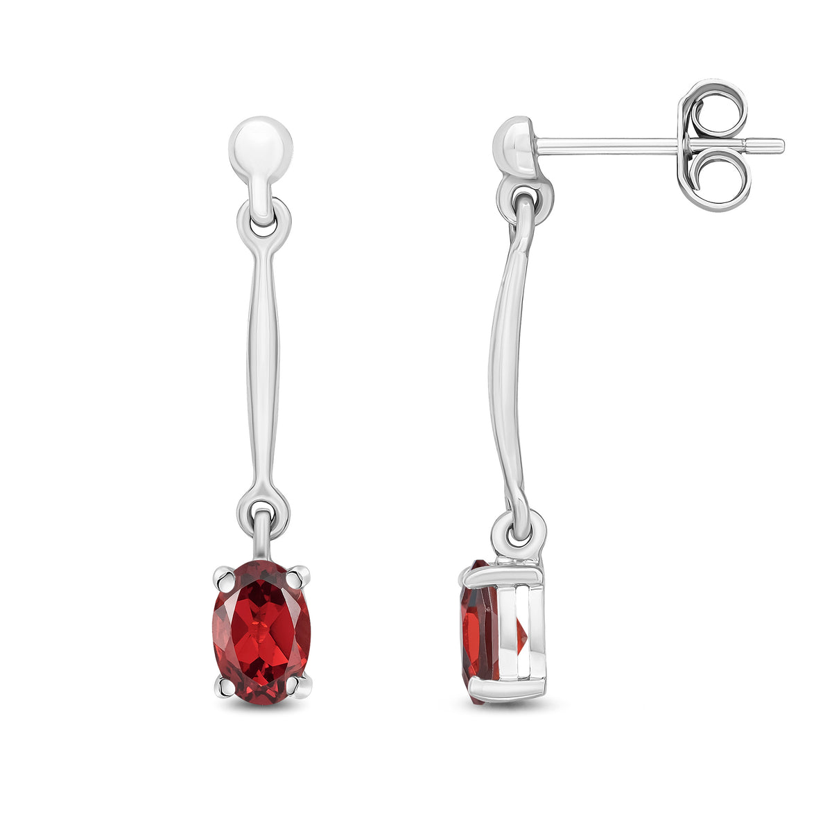 9CT WG CLAW SET 6X4MM OVAL GARNET AND BAR DROP EARRINGS
