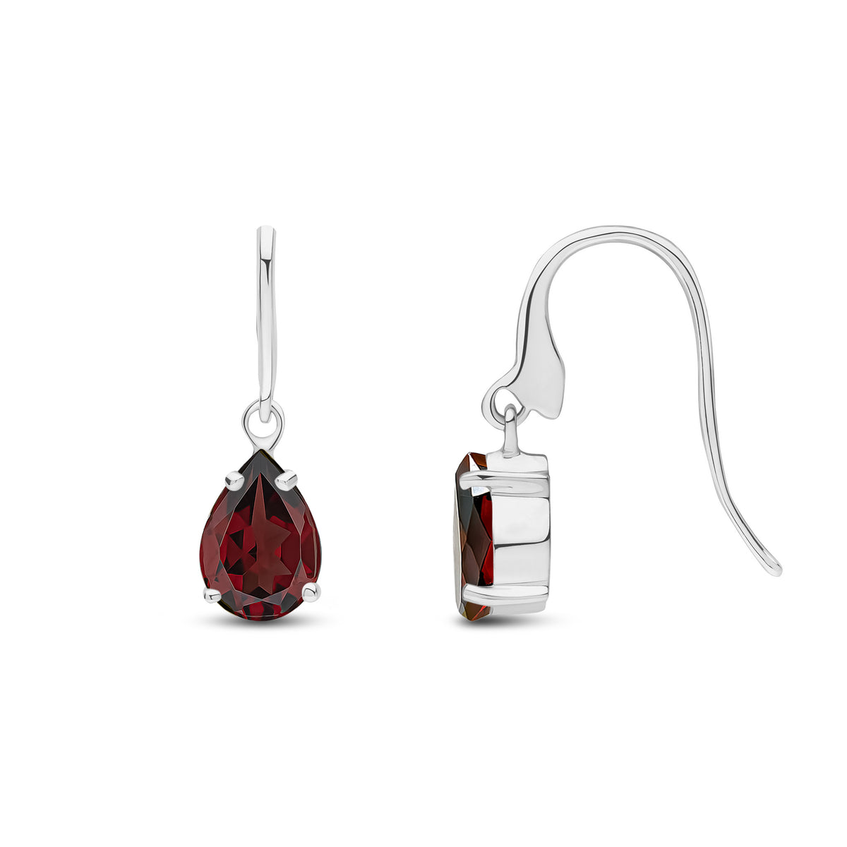 9CT WG 7X5MM PEARSHAPE GARNET CLAW SET WIRE HOOK DROP EARRINGS