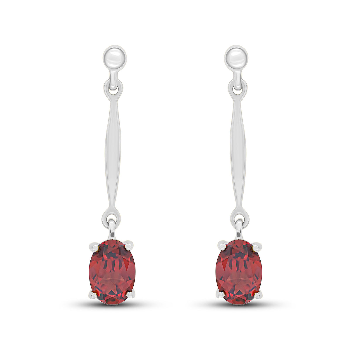 9CT WG 7X5MM OVAL GARNET AND BAR DROP EARRINGS WITH BEAD TOP