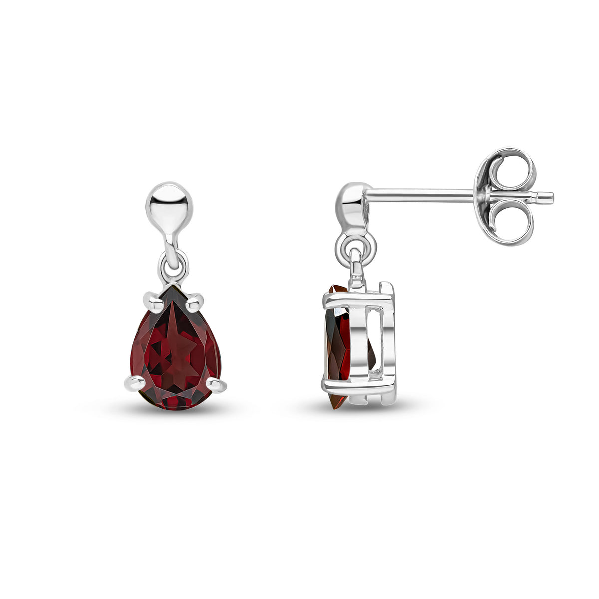 9CT WG 7X5 PEARSHAPE GARNET CLAW SET DROP EARRINGS WITH BEAD TOP