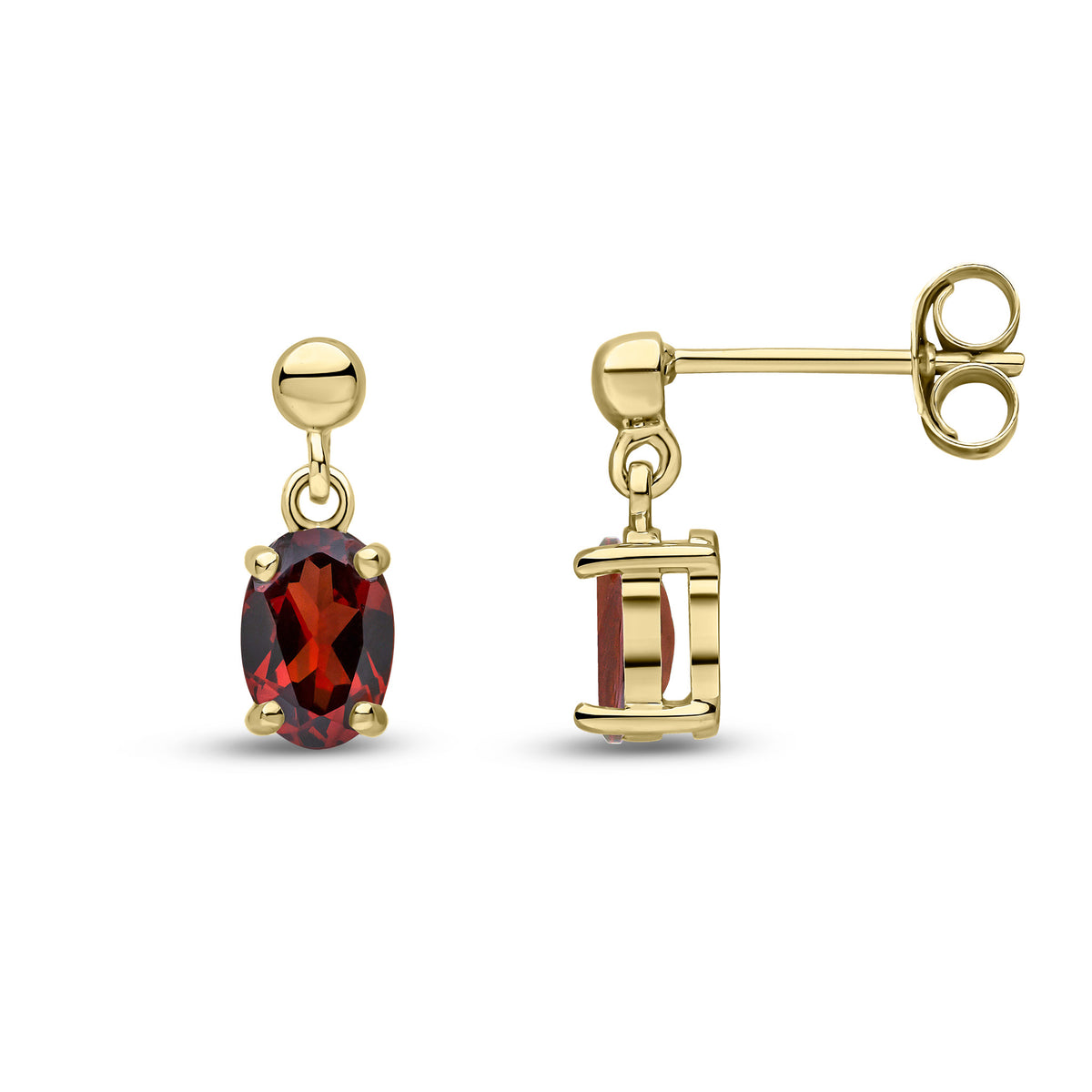 9CT YG 6X4 OVAL GARNET CLAW SET DROP EARRINGS WITH BEAD TOP