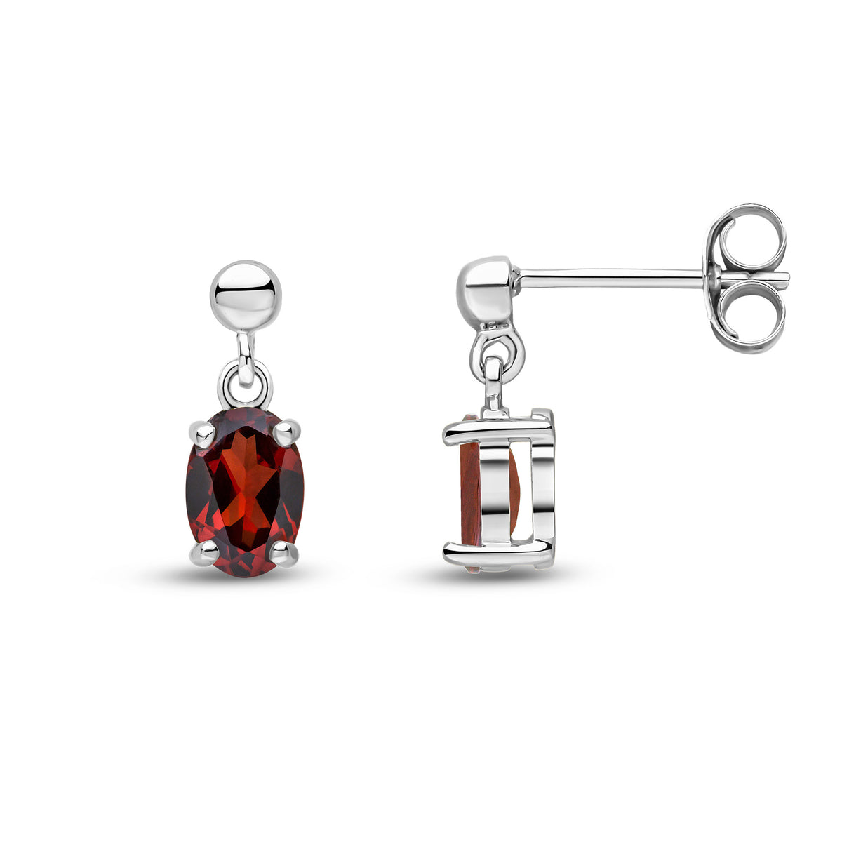 9CT WG 6X4 OVAL GARNET CLAW SET DROP EARRINGS WITH BEAD TOP