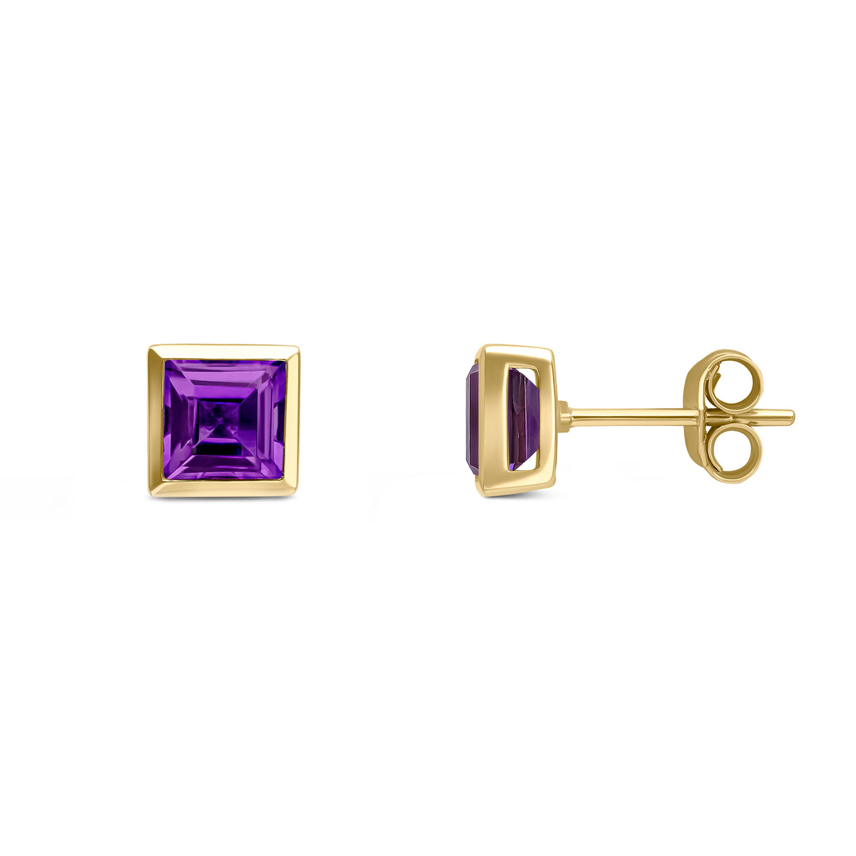 9CT YG 5MM SQUARE AMETHYST RUBOVER SET EARRINGS