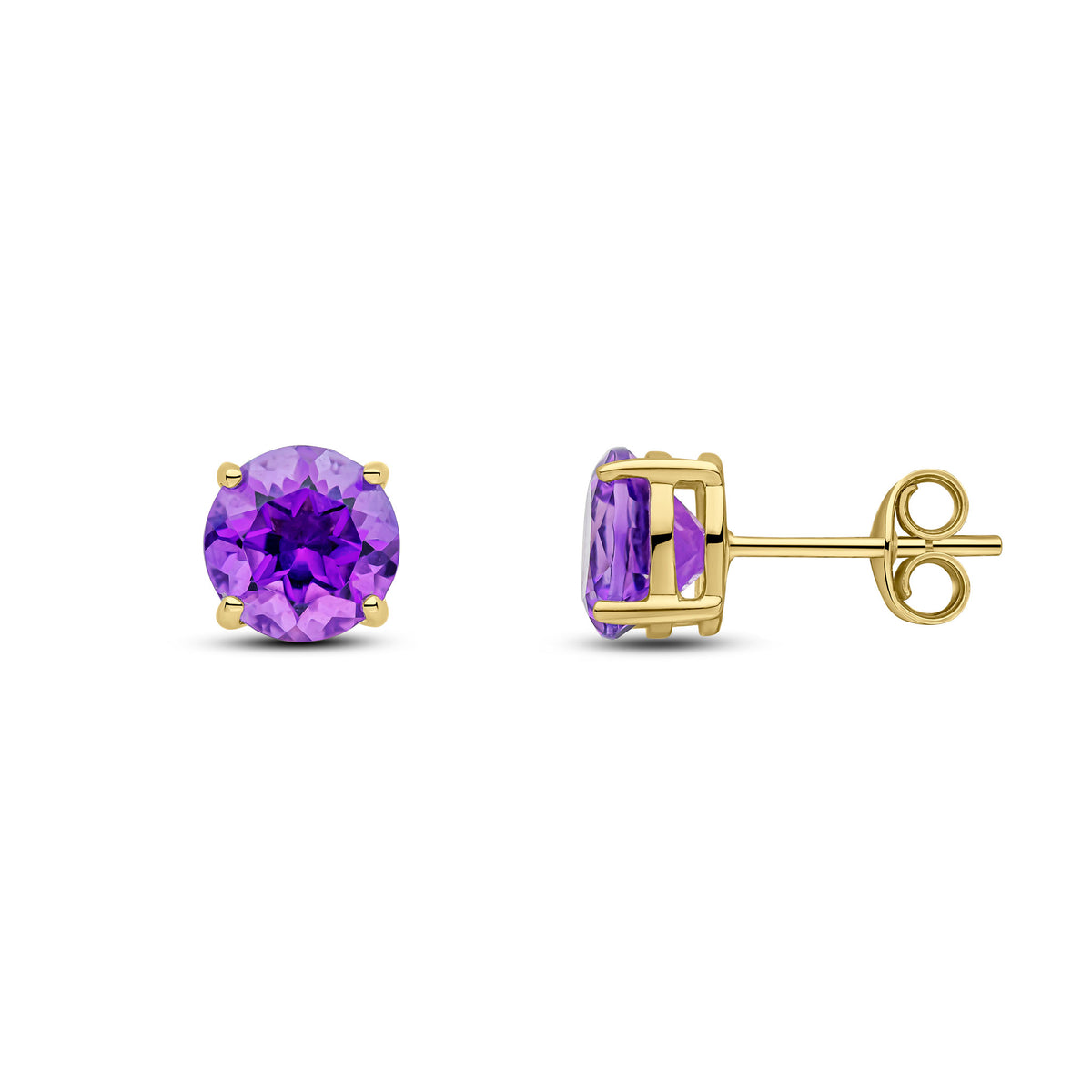 9CT YG 7MM ROUND AMETHYST CLAW SET EARRINGS