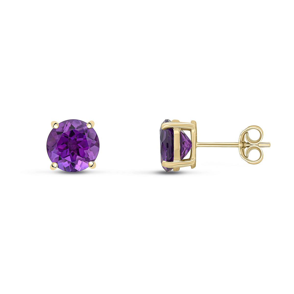 9CT YG 8MM ROUND AMETHYST CLAW SET EARRINGS