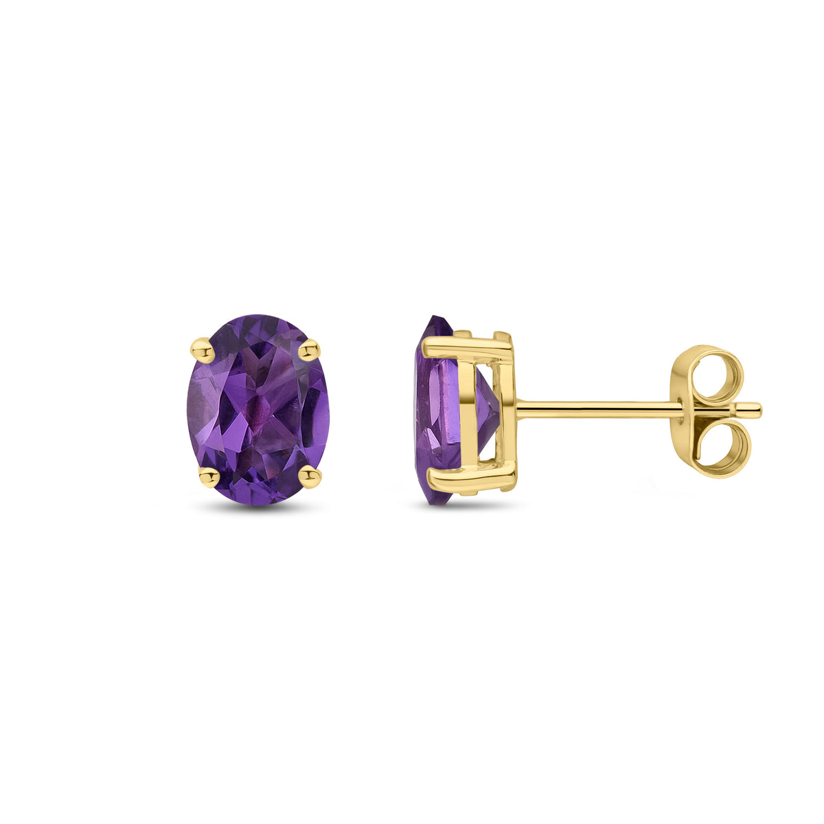 9CT YG 8X6 OVAL AMETHYST CLAW SET EARRINGS