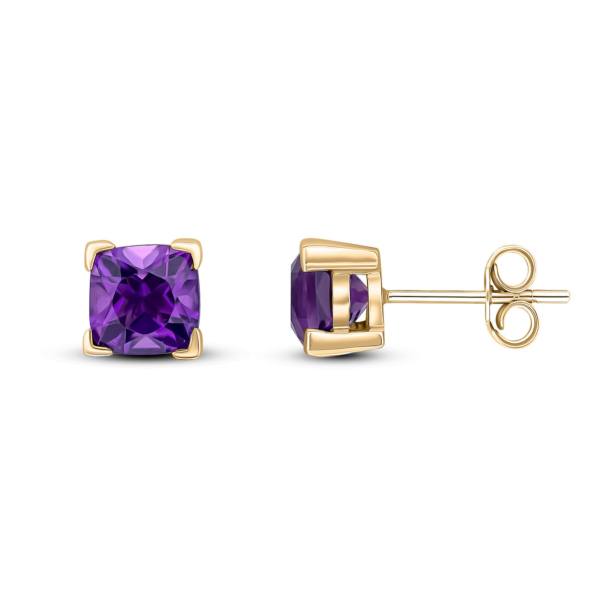 9CT YG 6MM CUSHION AMETHYST CLAW SET EARRINGS