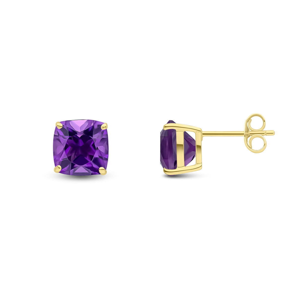 9CT YG 8MM CUSHION AMETHYST CLAW SET EARRINGS