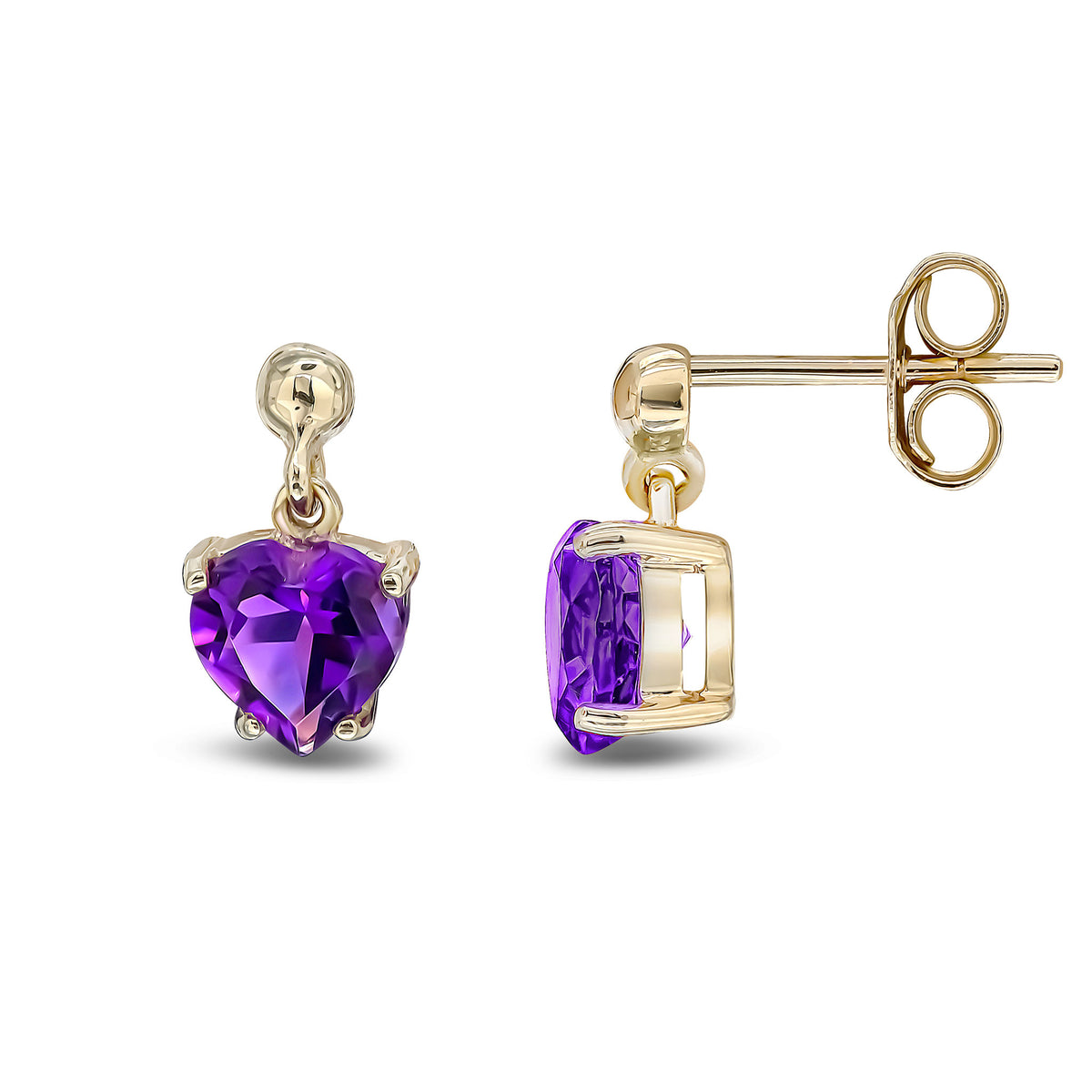 9CT YG 6MM HEART-SHAPE AMETHYST CLAW SET DROP EARRINGS WITH 3MM BEAD TOP