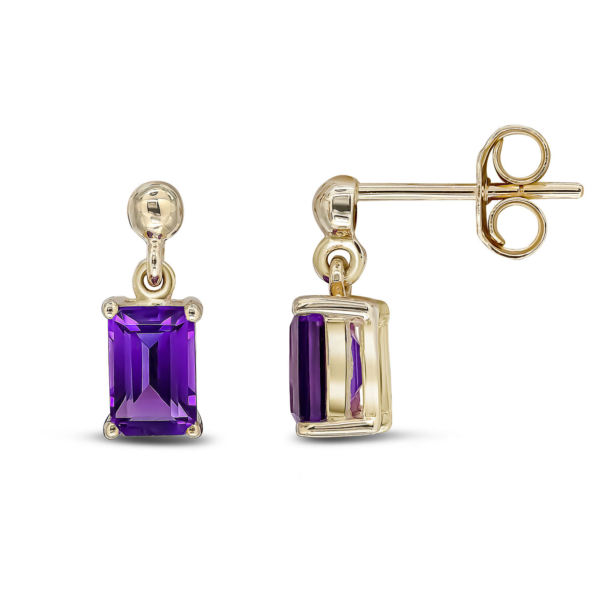 9CT YG 6X4 OCTAGON AMETHYST CLAW SET DROP EARRINGS WITH BEAD TOP