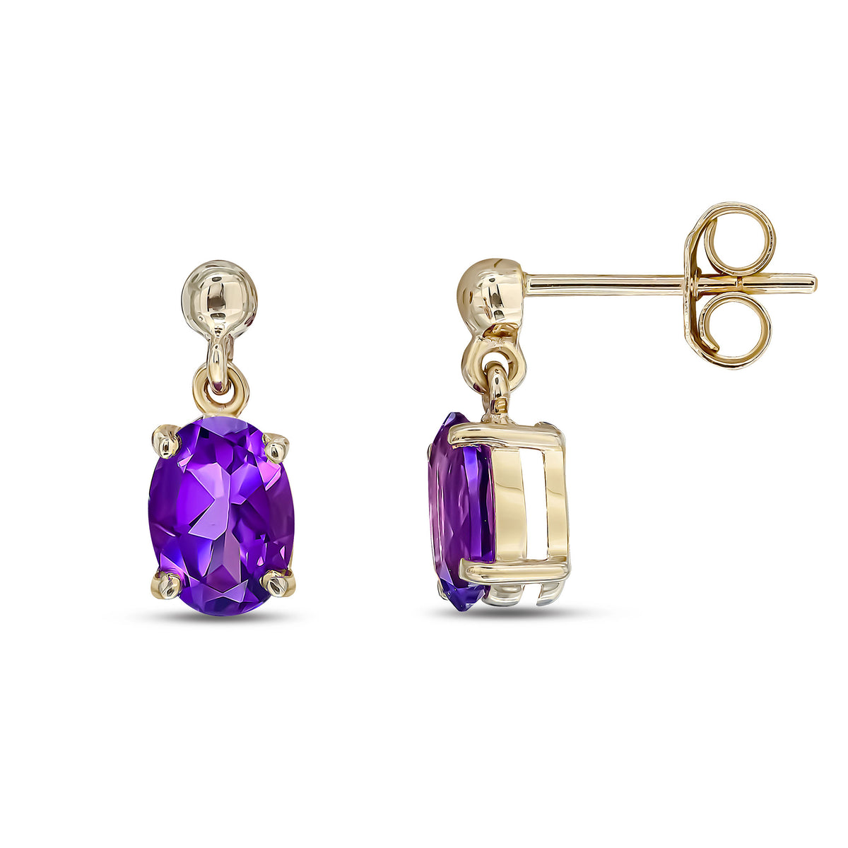 9CT YG OVAL 7X5MM AMETHYST CLAW DROP EARRINGS WITH BEAD TOP
