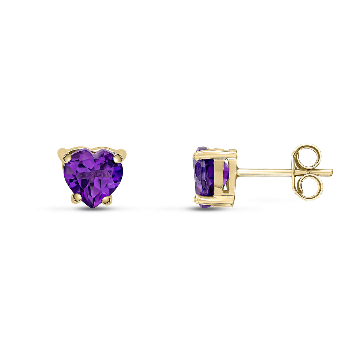9CT YG 6MM HEARTSHAPE AMETHYST CLAW SET EARRINGS