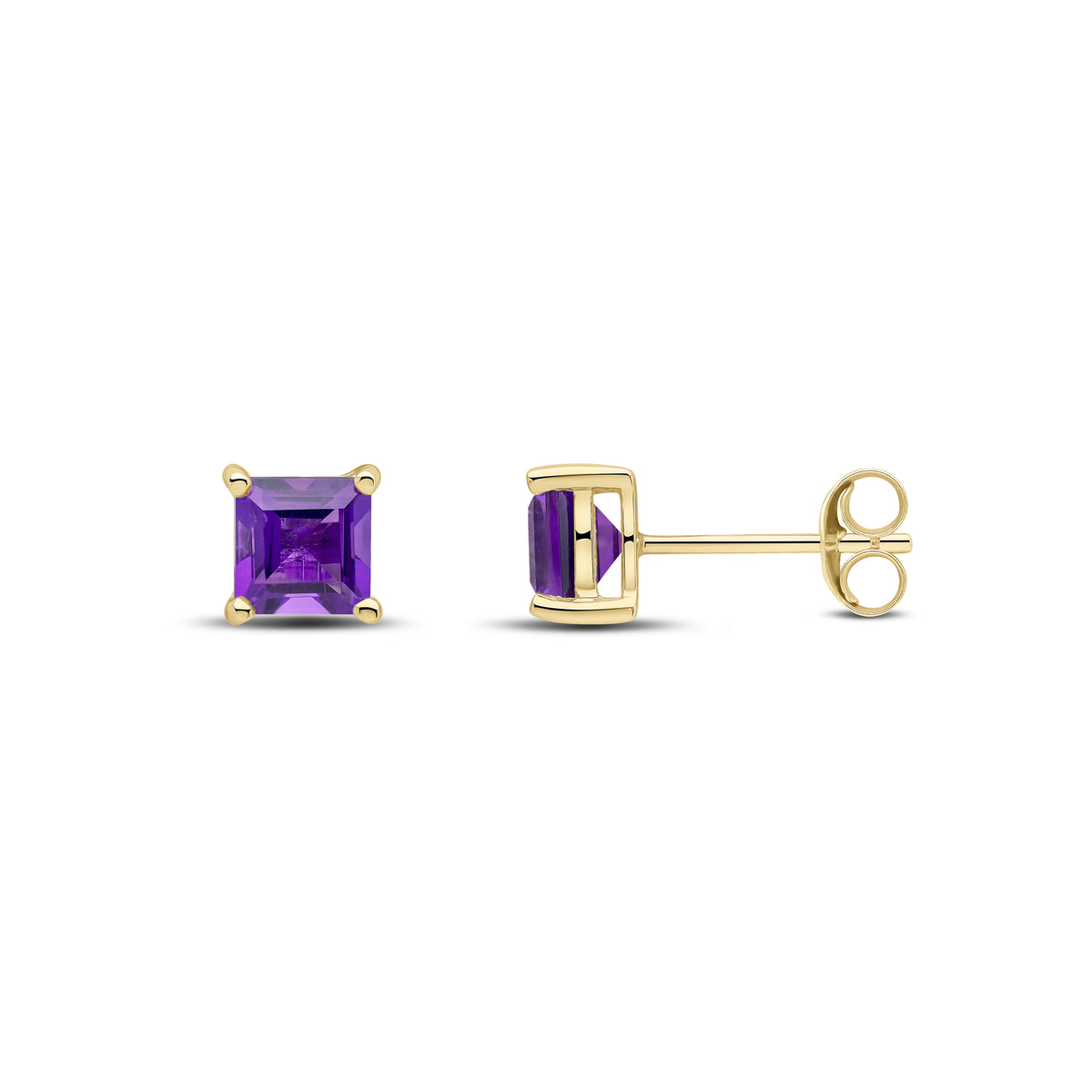 9CT YG 5MM SQUARE AMETHYST CLAW SET EARRINGS