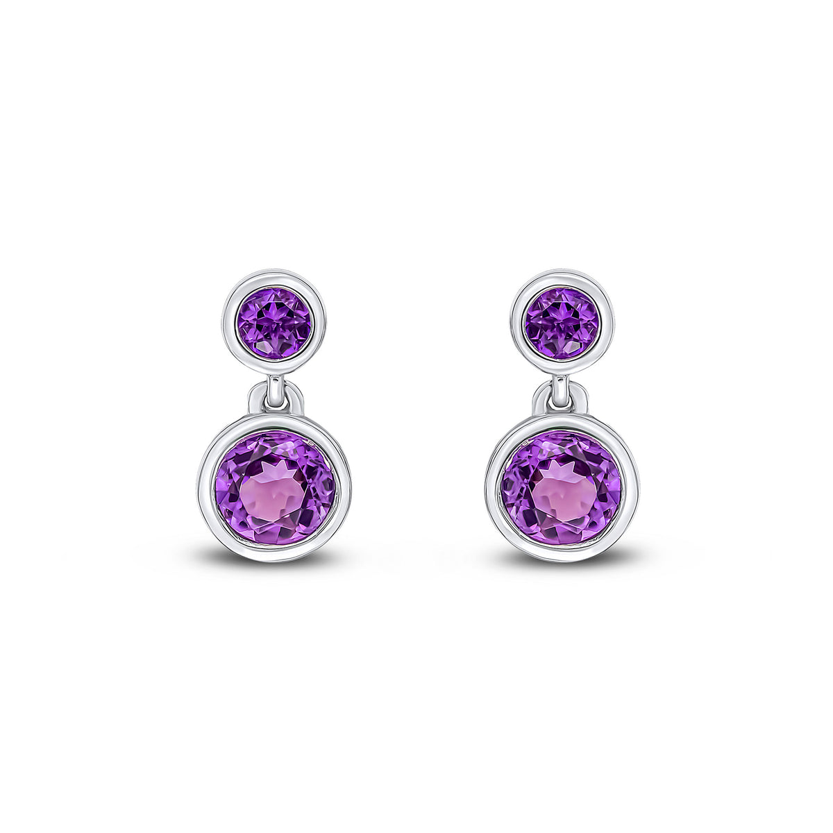 9CT WHITE GOLD ROUND AMETHYST RUBOVER 2ST DROP EARRINGS