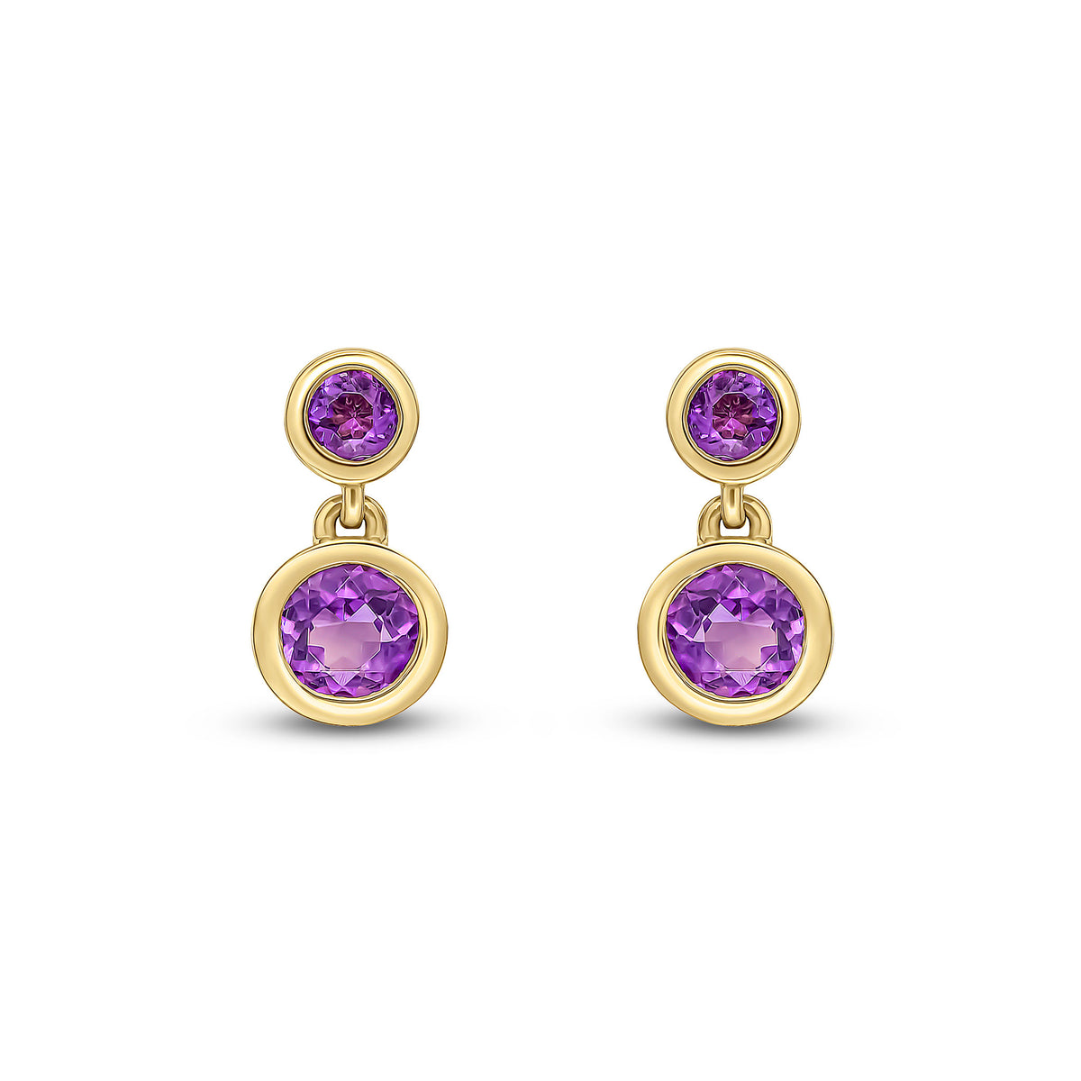 9CT YELLOW GOLD ROUND AMETHYST 2ST RUBOVER DROP EARRINGS