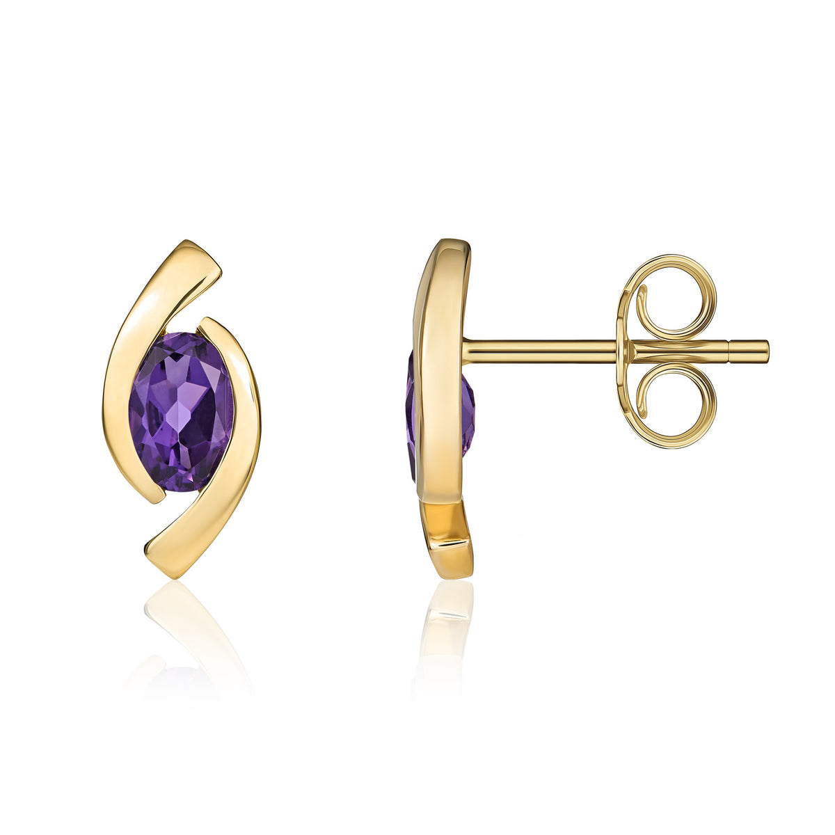 9CT YG 6X4 OVAL AMETHYST 'EYE' STUD EARRINGS