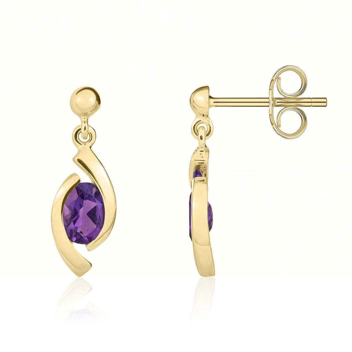 9CT YG OVAL AMETHYST 'EYE' DROP EARRINGS WITH 3MM BEAD TOP