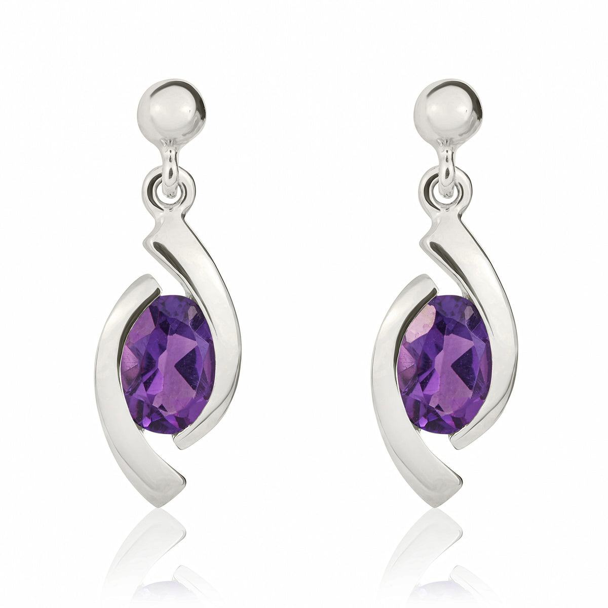 9CT WG OVAL AMETHYST 'EYE' DROP EARRINGS WITH 3MM BEAD TOP