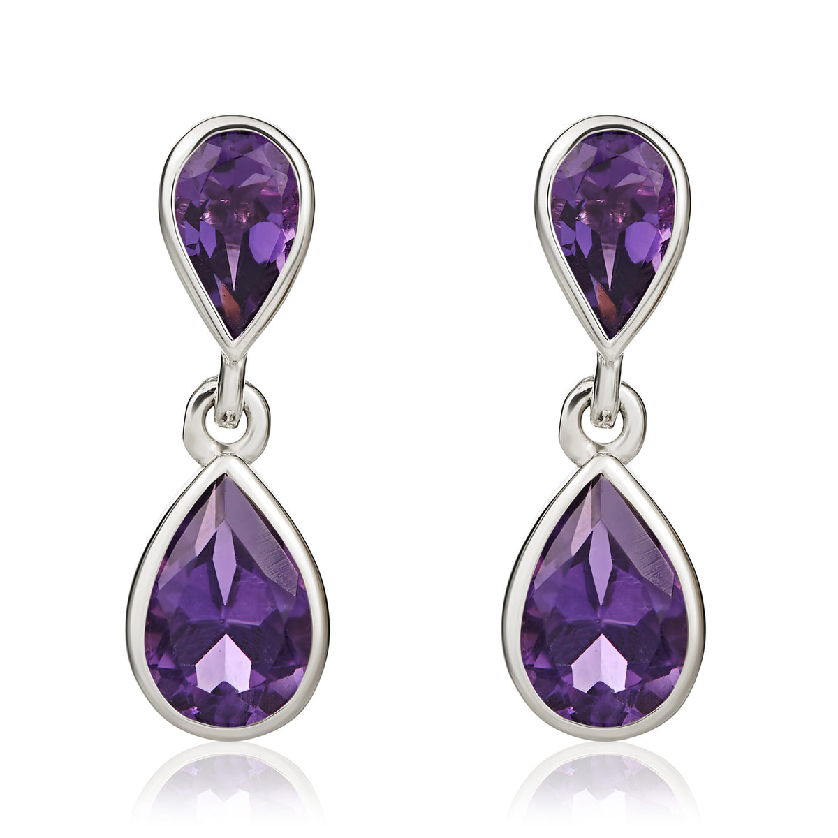 9CT WG PEARSHAPE AMETHYST RUBOVER 2ST DROP EARRINGS