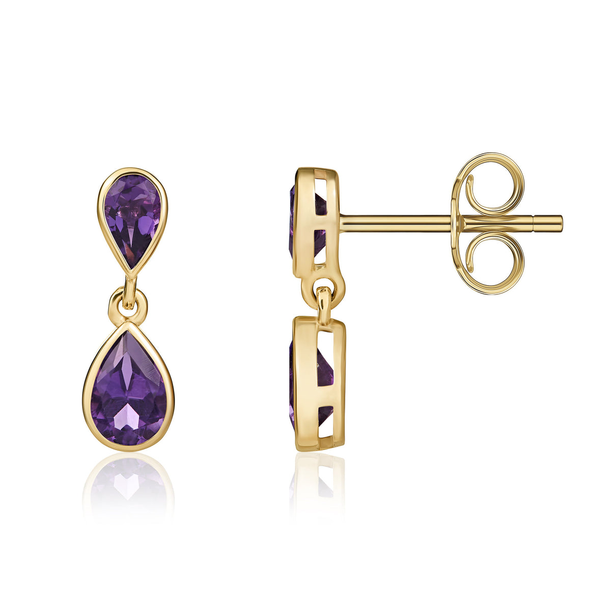 9CT YG PEARSHAPE AMETHYST RUBOVER 2ST DROP EARRINGS
