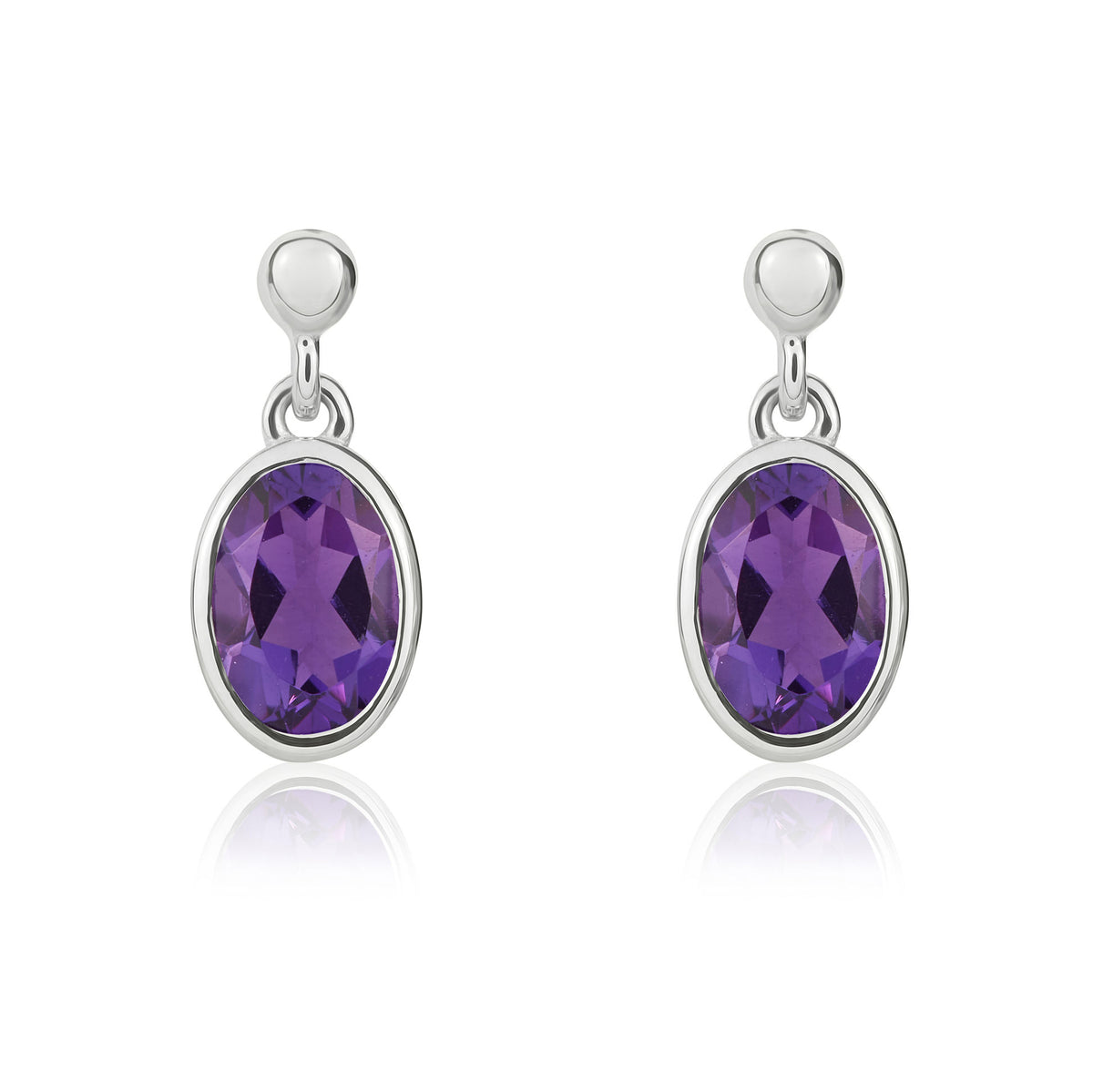 9CT WG 6X4 OVAL AMETHYST RUBOVER DROP EARRINGS WITH 2.5MM BEAD TOP
