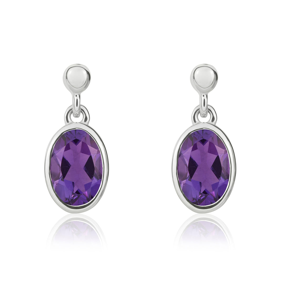 9CT WG 7X5MM OVAL AMETHYST RUBOVER DROP EARRINGS WITH BEAD TOP