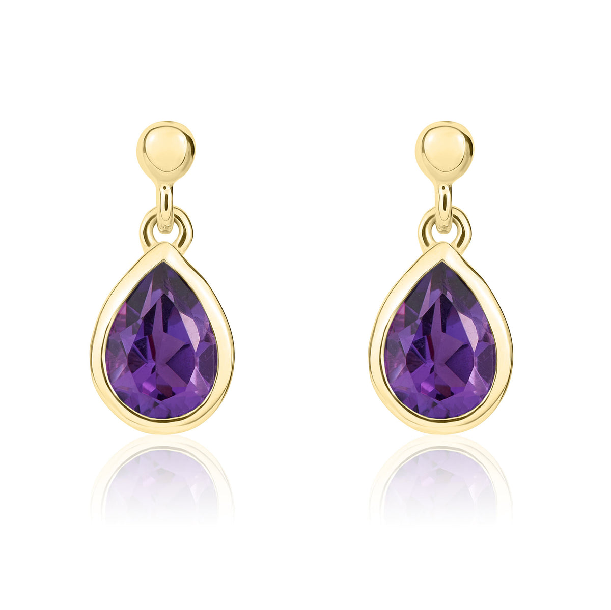 9CT YG 6X4MM PEARSHAPE AMETHYST RUBOVER DROP EARRINGS WITH 2.5MM BEAD TOP