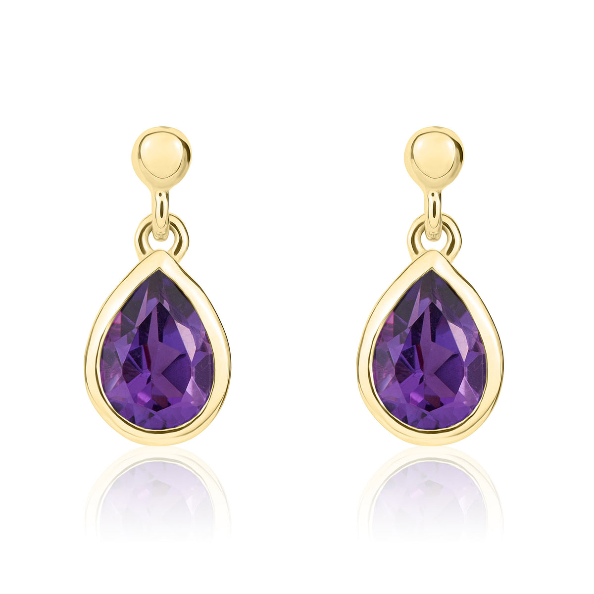 9CT YG 7X5 PEARSHAPE AMETHYST RUBOVER DROP EARRINGS WITH BEAD STUD TOP
