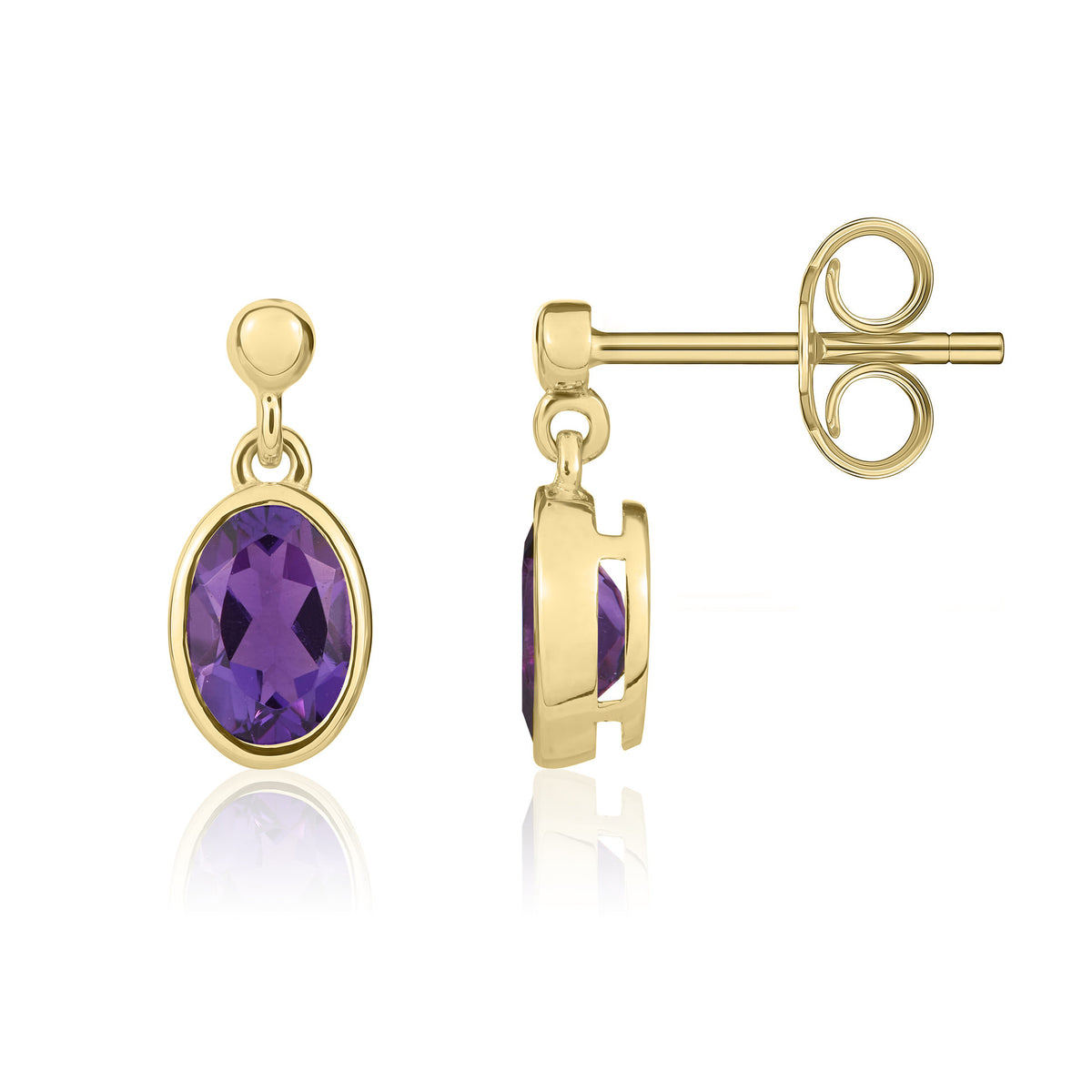 9CT YG 6X4 OVAL AMETHYST RUBOVER DROP EARRINGS WITH 2.5MM BEAD TOP