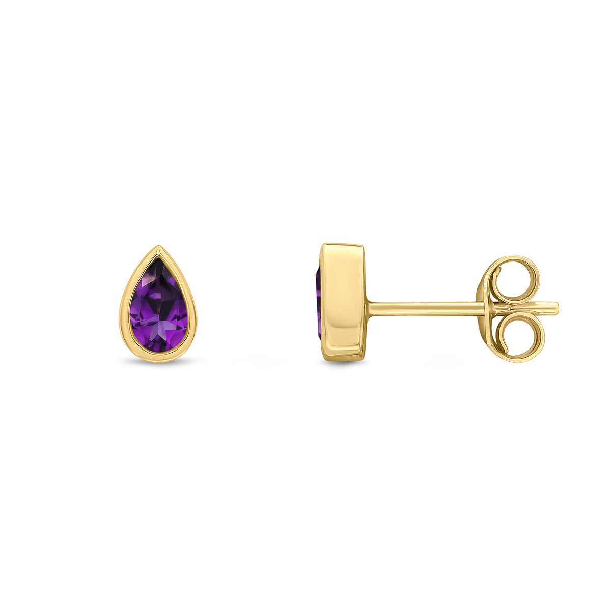 9CT YG 5X3 PEARSHAPE AMETHYST RUBOVER SET EARRINGS