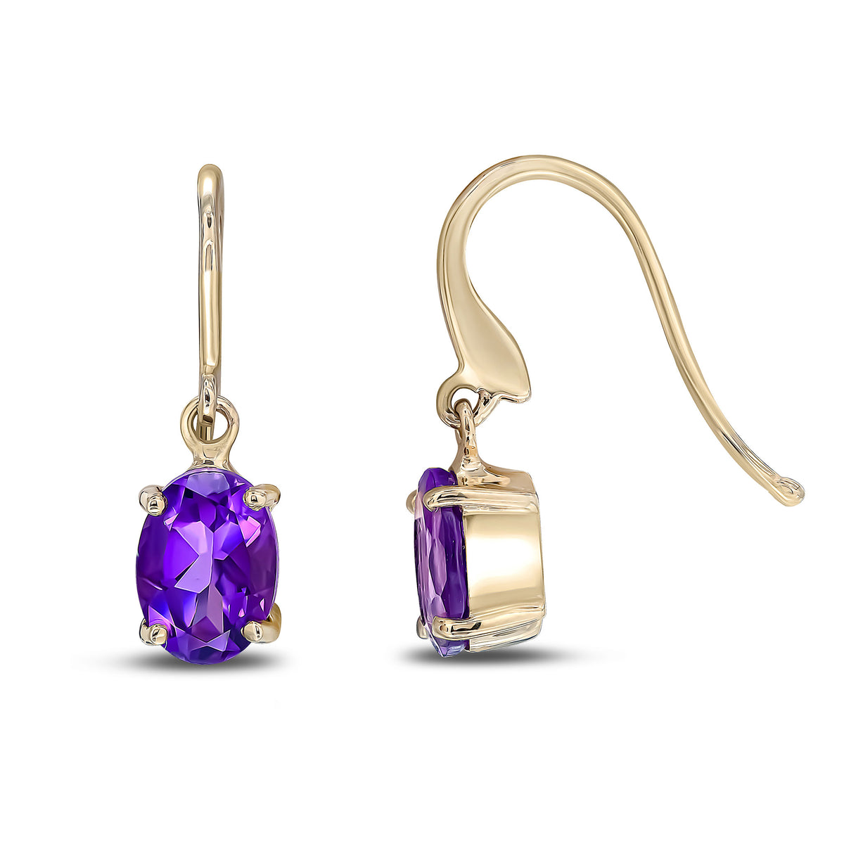 9CT YG 7X5 OVAL AMETHYST CLAW SET DROP EARRINGS WITH HOOK WIRE FITTING
