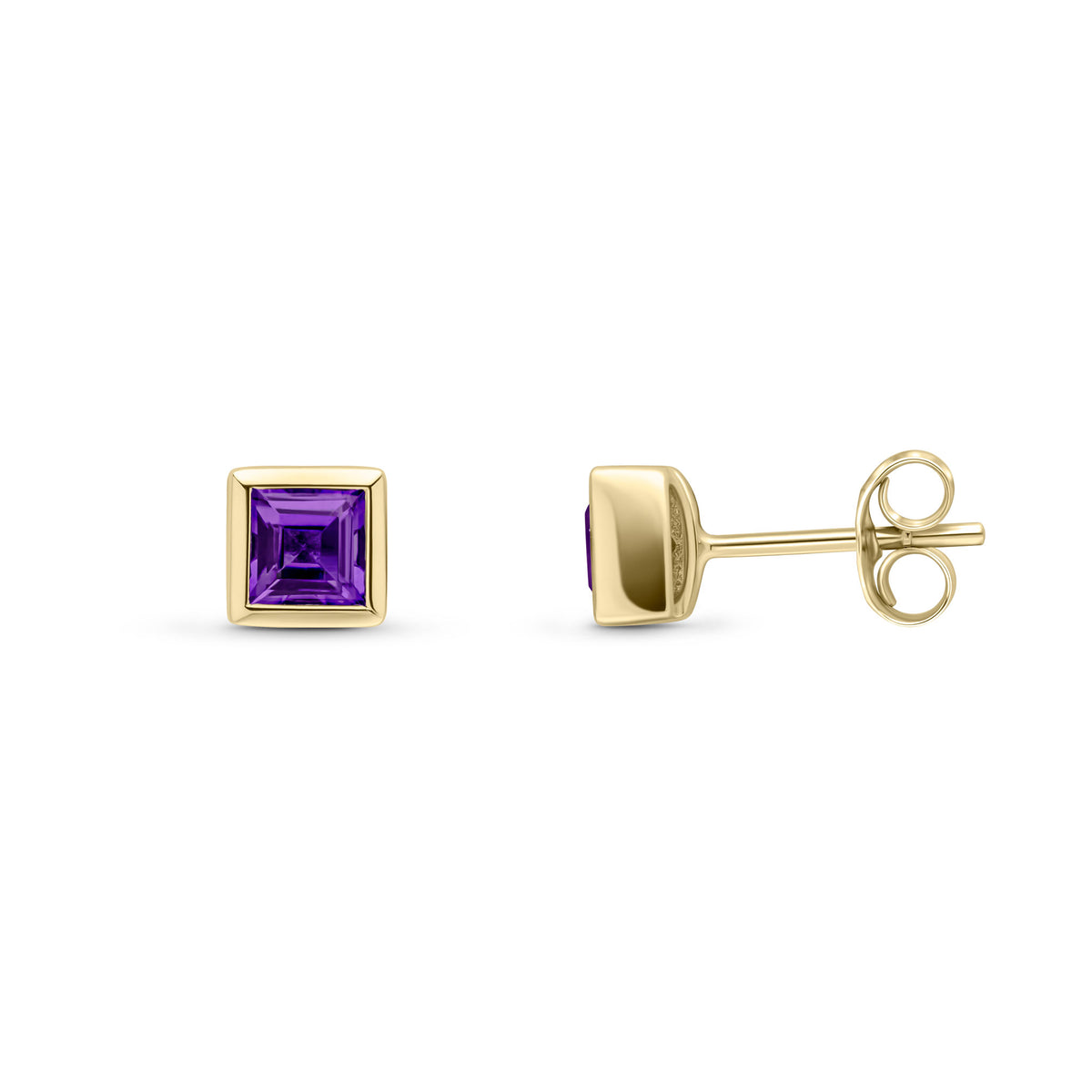 9CT YG 4MM SQUARE AMETHYST RUBOVER SET EARRINGS