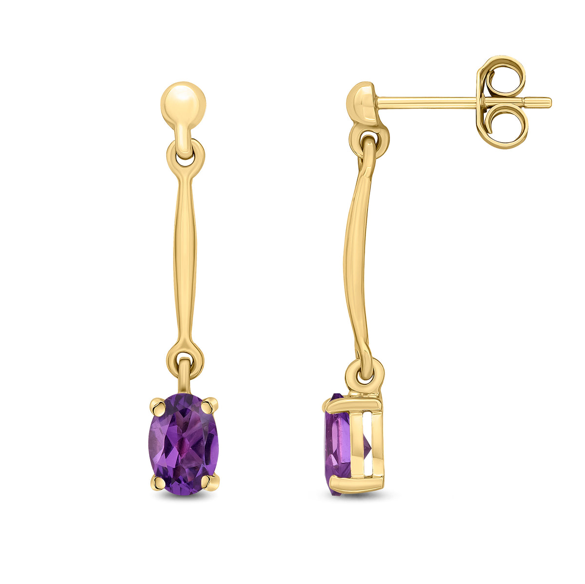 9CT YG CLAW SET 6X4MM OVAL AMETHYST AND BAR DROP EARRINGS