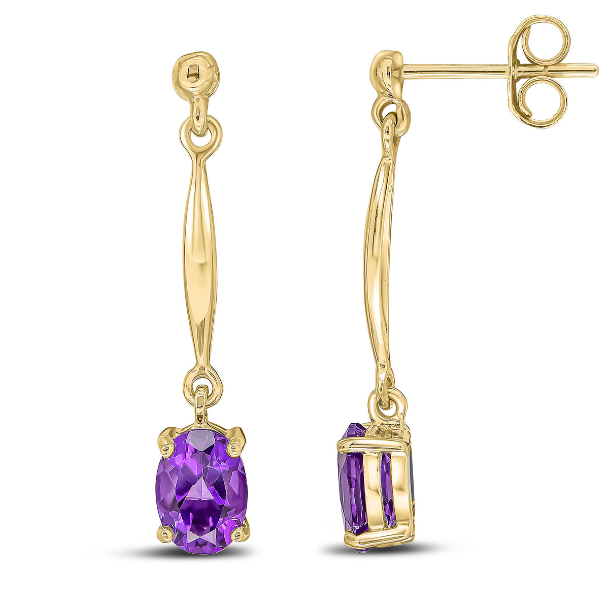 9CT YG 7X5MM OVAL AMETHYST AND BAR DROP EARRINGS WITH BEAD TOP