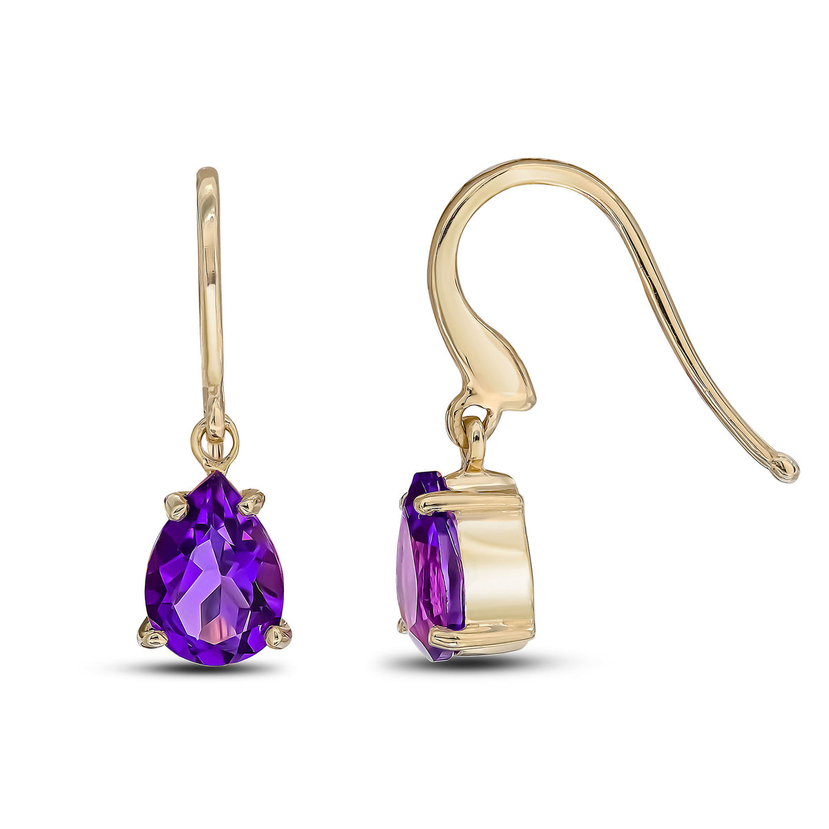 9CT YG 7X5MM PEARSHAPE AMETHYST CLAW SET WIRE HOOK DROP EARRINGS
