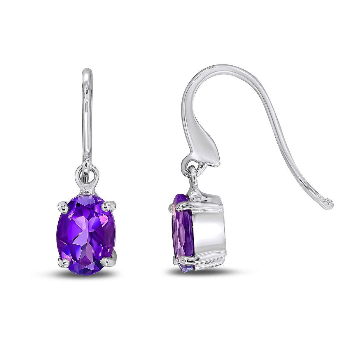 9CT WG 7X5 OVAL AMETHYST CLAW SET DROP EARRINGS WITH HOOK WIRE FITTING